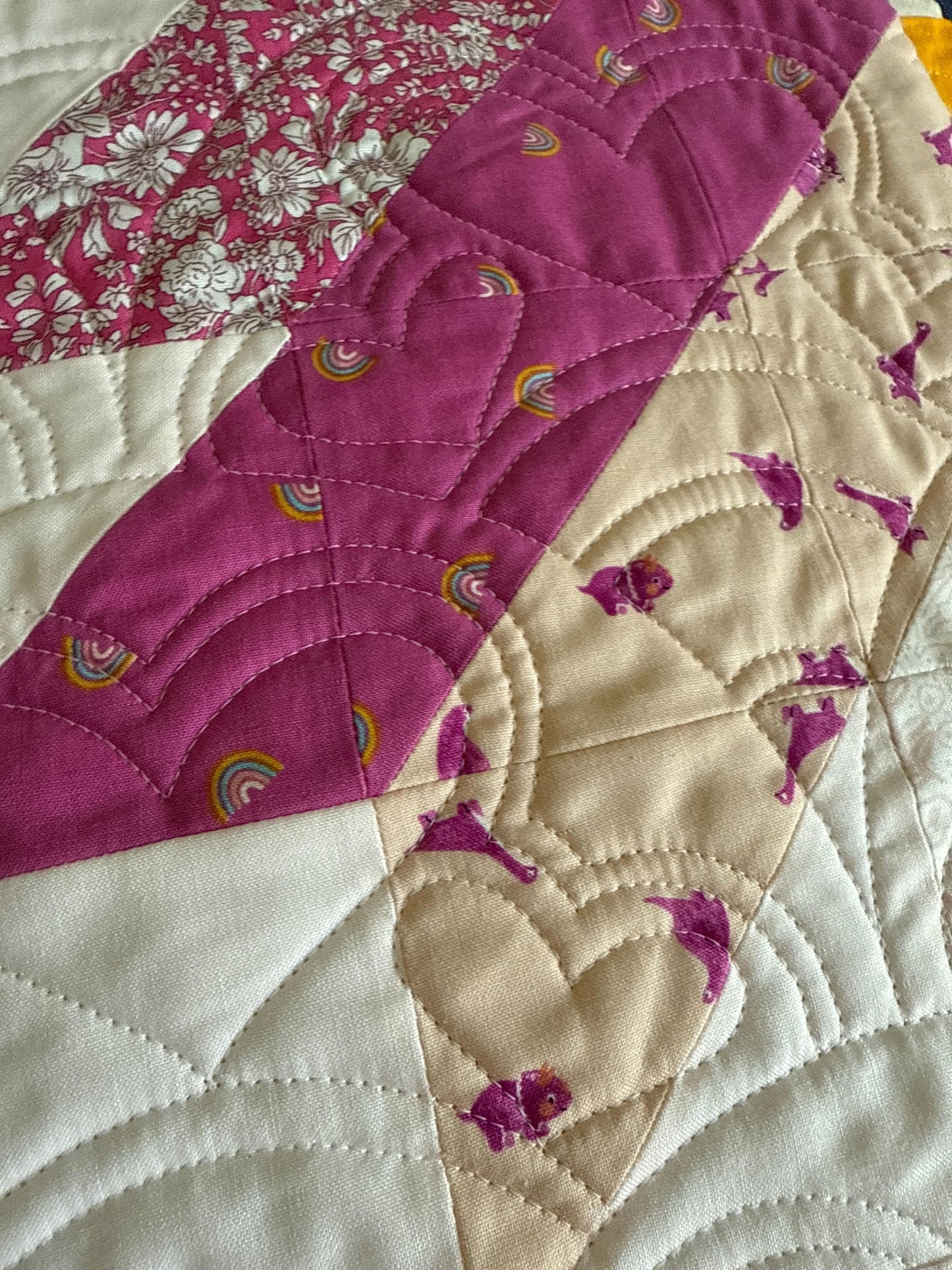 Handmade Lottie Quilt: Pink Dino & Rainbow Toddler Throw