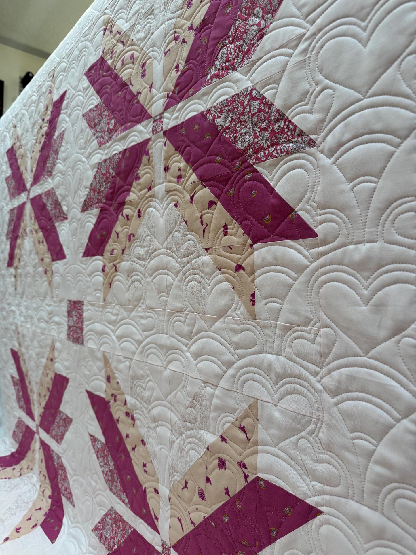 Handmade Lottie Quilt: Pink Dino & Rainbow Toddler Throw