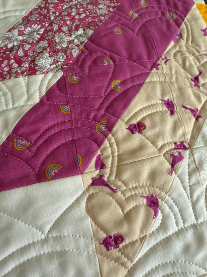 Handmade Lottie Quilt: Pink Dino & Rainbow Toddler Throw